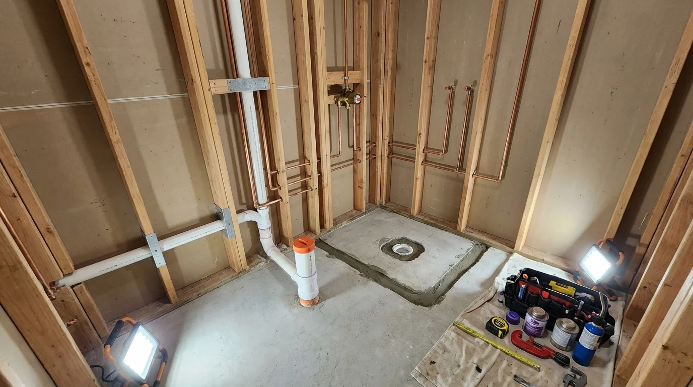 Bathroom rough-in plumbing during remodel by Johns Plumbing LLC in Southold