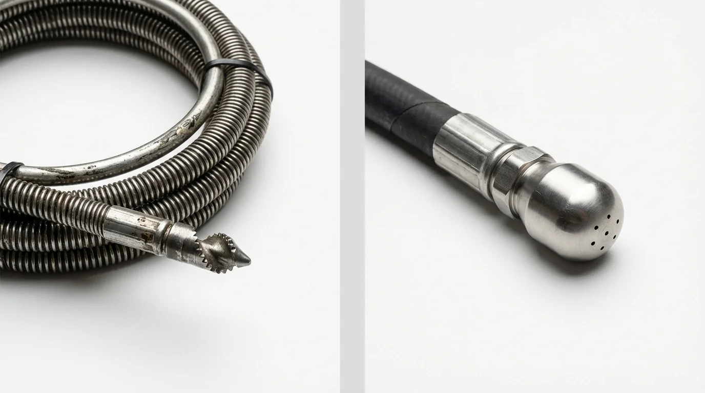 Drain snake cable and hydro jetting nozzle used for drain cleaning in Southold, NY
