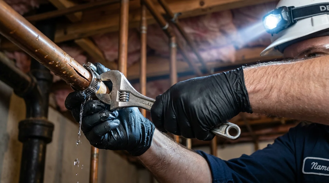 Emergency pipe clamp repair being performed by a Johns Plumbing LLC plumber in Southold