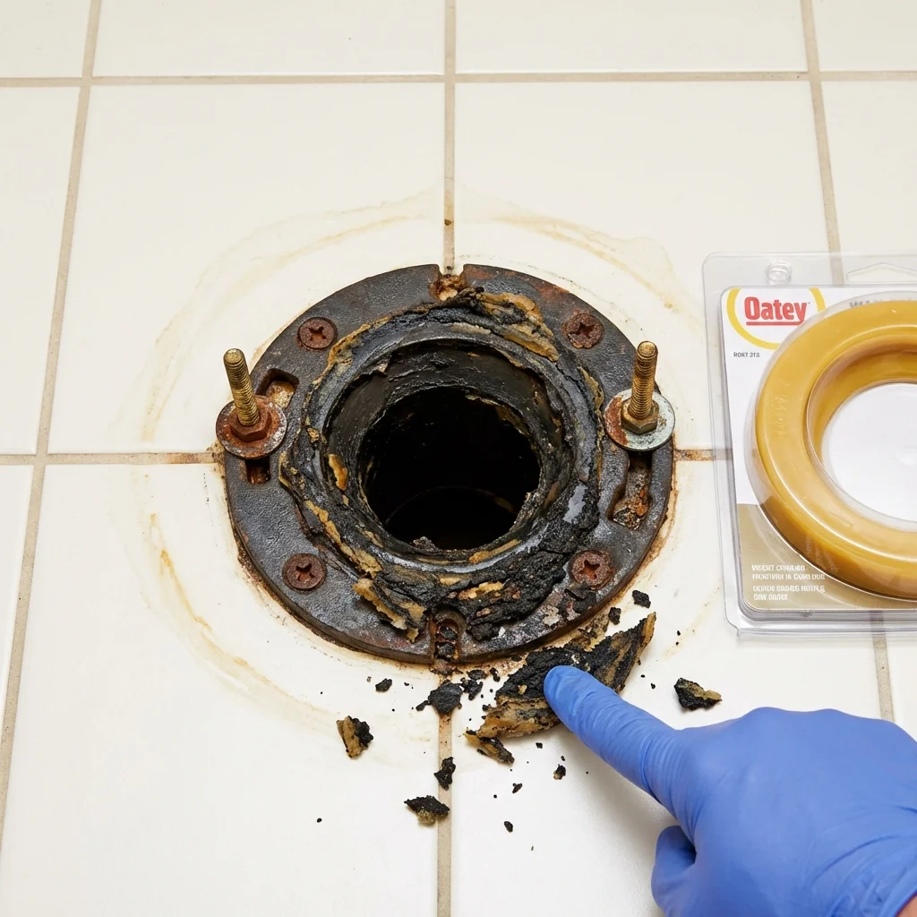 Failed wax ring showing water seepage at the base of a toilet in a Southold, NY home