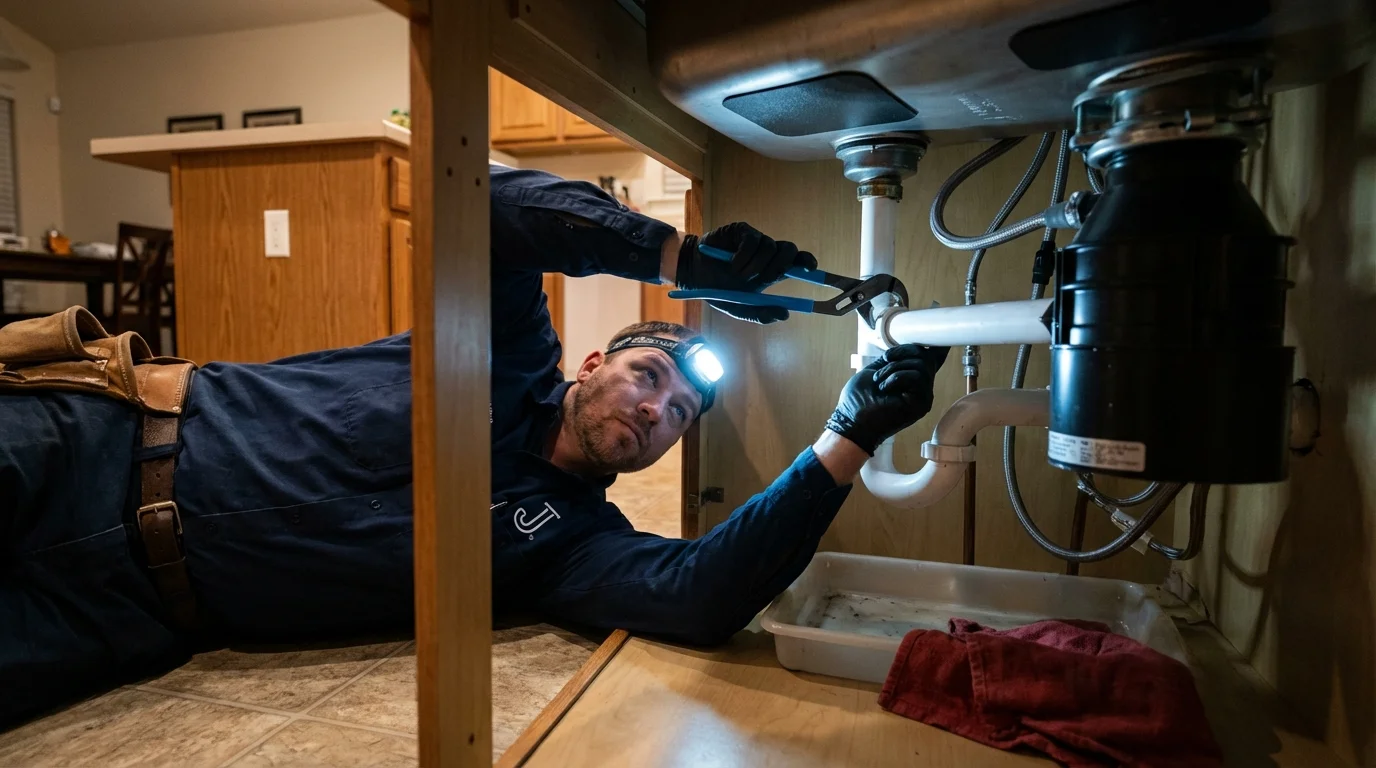 P-trap and supply line connections under a kitchen sink showing a common leak point in Southold, NY